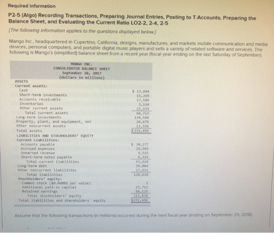 Required information P2-5 (Algo) Recording Transactions, Preparing Journal Entries, Posting to T-Accounts, Preparing the Bala