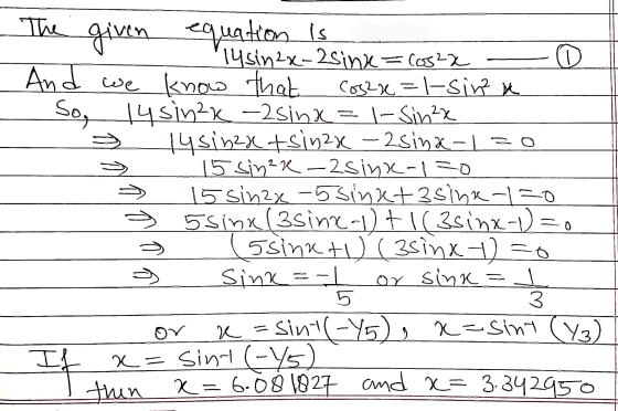 The given equation is 1 Sin 2x-2Cr2=Cs-1 D And we know that cos2x = -sinn So, 148inek -25inx =l-Sin2x 14 Sib2x+sin2x – 2sinx-