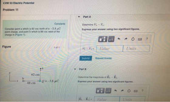 KHW 03 Electric Potential Problem 11 Part A Determine V-V Express your answer using two significant figures Consider point a