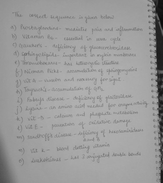 essential in urea cycle. The correct sequence is given below a) Prostaglandins mediates pain and inflammation 6) Vitamin B6-
