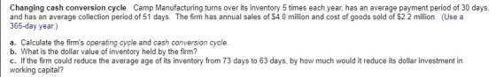 Changing cash conversion cycle Camp Manufacturing turns over its inventory 5 times each year, has an average payment period o