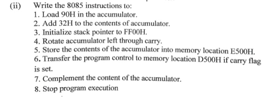 (ii) write the 8085 instructions to: 1. Load 90H in the accumulator. 2. Add 32H to the contents of accumulator. 3. Initialize