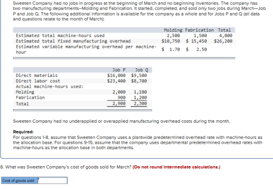 Sweeten Company had no jobs in progress at the beginning of March and no beginning inventories. The company has two manufactu