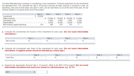 The Best Manufacturing Company is considering a new investment. Financial projections for the investment are tabulated here.