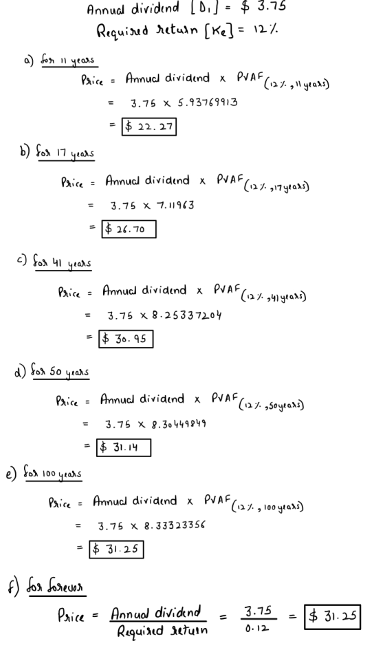 Annual dividend [..] = $ 3.75 Required return (Ke] = 12% a) for 11 years Price - Annual dividend x PVAF (2, ll years) = 3.75