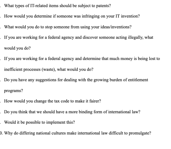 - What types of IT-related items should be subject to patents? - How would you determine if someone was infringing on your IT