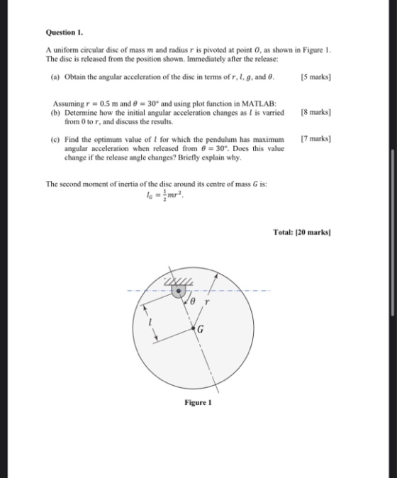 Question 1. A uniform circular disc of mass m and radius r is pivoted at point 0, as shown in Figure 1. The disc is released