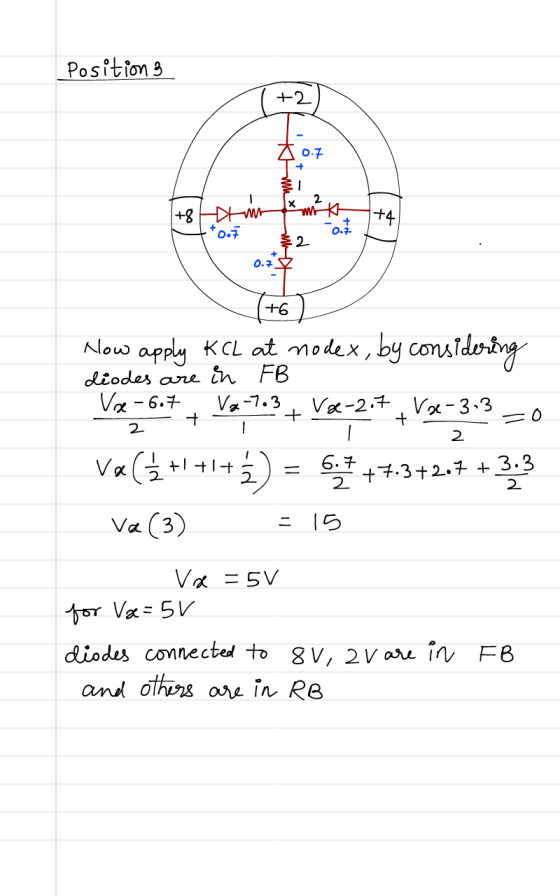 Position 3 +2 $ 0.7 + - ttoo (+6 Now apply KCL at nodex, by considering diodes are in FB Væ-6.7 V8-7.3 Vee-2.7 V6-3,3 -0. etī
