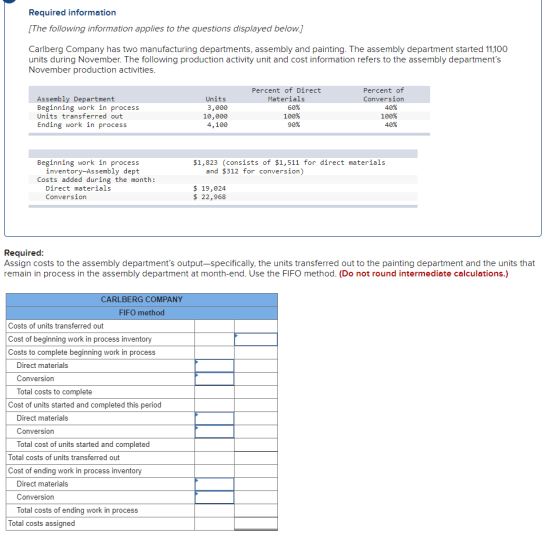 Required information (The following information applies to the questions displayed below. Carlberg Company has two manufactur