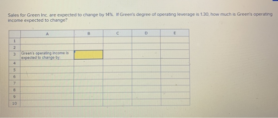 Sales for Green Inc. are expected to change by 14%. If Greens degree of operating leverage is 1.30, how much is Greens oper