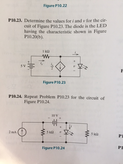 Figure P10.22 P10.23. Determine the values for i and v for the cir- cuit of Figure P10.23. The diode is the LED having the characteristic shown in Figure P10.20(b). MW ly Figure P10.23 P10.24. Repeat Problem P10.23 for the circuit of Figure P10.24. 10 V 2 mA Figure P10.24 PI