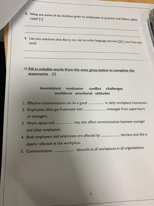 8. What are some of the facilities given to employees to practice and follow safety rules? [0] 9. List two solutions that Bar