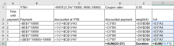 =RATE(5,5%*10000,-9000, 10000) Coupon rate= 0.05 ДА В YTM= Time until 2 payment Payment 3 1 1 =$E$1*10000 42 =$E$1*10000 5 3