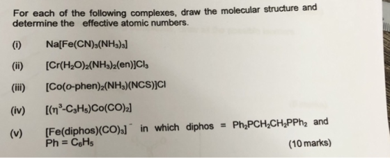 For each of the following complexes, draw the molecular structure and determine the effective atomic numbers. (i) Na[Fe(CN)s(