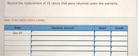 Record the replacement of 15 razors that were returned under the warranty Note: Enter debits before credits. Date General Jou