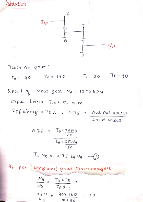 Salution Ilp 0% Teeth on gear i To=90 To = 30 TA = 40 TB: 160 8 peed of input gear NA = 1250 RPM in put torque TA? 50 N-m Eff