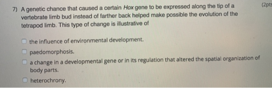 (2pt: 7) A genetic chance that caused a certain Hox gene to be expressed along the tip of a vertebrate limb bud instead of fa
