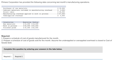 Primare Corporation has provided the following data concerning last months manufacturing operations. Purchases of raw materi