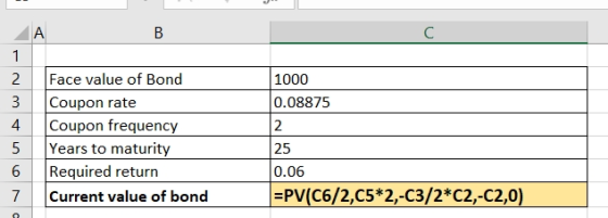 B 1000 0.08875 more Face value of Bond Coupon rate Coupon frequency Years to maturity Required return Current value of bond 2