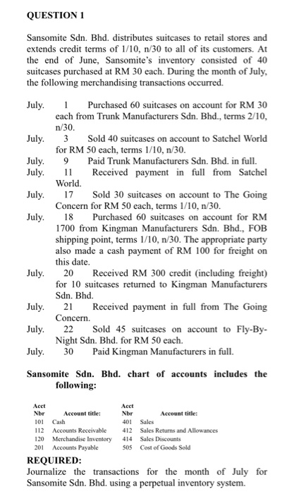 QUESTION 1 Sansomite Sdn. Bhd. distributes suitcases to retail stores and extends credit terms of 1/10, n/30 to all of its cu
