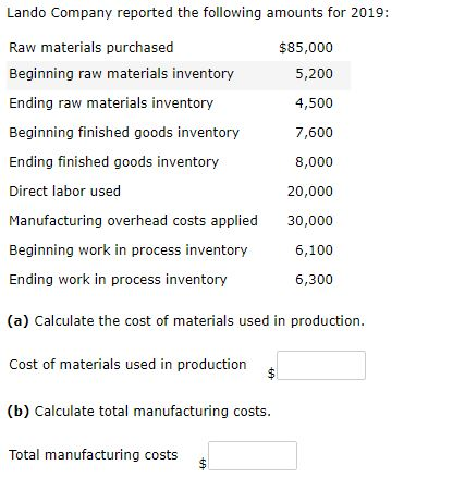 Lando Company reported the following amounts for 2019: Raw materials purchased Beginning raw materials inventory $85,000 5,20