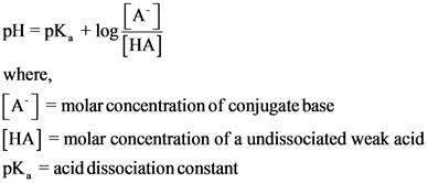 pH = pK, +log 3
where,
TA] = molar concentration of conjugate base
[HA] = molar concentration of a undissociated weak acid
PK