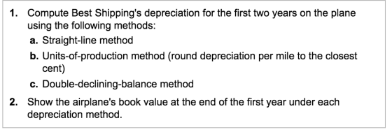 1. Compute Best Shippings depreciation for the first two years on the plane using the following methods: a. Straight-line me