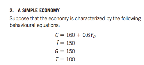2. A SIMPLE ECONOMY Suppose that the economy is characterized by the following behavioural equations: C = 160 + 0.6Yn 1 150 G 150 T= 100