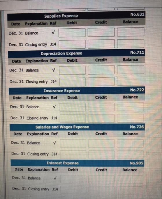 No.631 Balance Credit Supplies Expense Date Explanation Ref Debit Dec. 31 Balance ✓ Dec. 31 Closing entry J14 Depreciation Ex