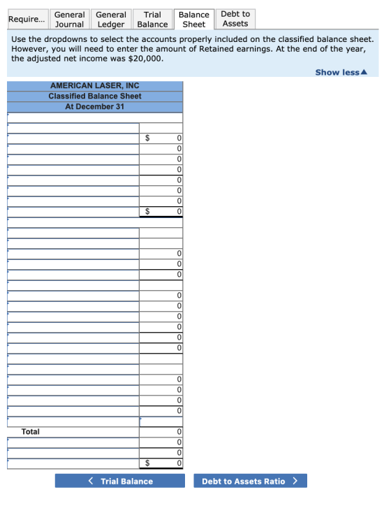 Trial General General Balance Require... Debt to Journal Ledger Balance Sheet Assets Use the dropdowns to select the accounts