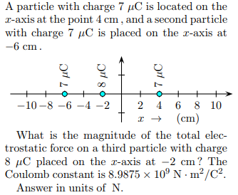 A particle with charge 7 is located on the r-axis at the point 4 cm, and a second particle with charge 7 is placed on the z-axis at -6 cm 10-8-6-4-22 4 6 8 10 T r-» (cm) What is the magnitude of the total elec- trostatic force on a third particle with charge 8 μC placed on the z-axis at-2 cm? The Coulomb constant is 8.9875 × 109 N·m2/C2 Answer in units of N.