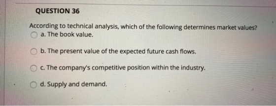 QUESTION 36 According to technical analysis, which of the following determines market values? O a. The book value. O b. The p
