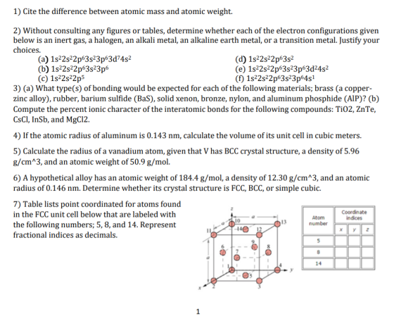 1) Cite the difference between atomic mass and atomic weight. 2) Without consulting any figures or tables, determine whether each of the electron configurations given below is an inert gas, a halogen, an alkali metal, an alkaline earth metal, or a transition metal. Justify your choices. (a) 1s22s22p63523p63d7452 (d) 1s22s22p6352 (b) 1s22s22p63s23p6 (e) 1s22s22p63s23p63d2452 (C) 1s22s22p5 (1) 1s22s22p63523p6451 3) (a) What type(s) of bonding would be expected for each of the following materials; brass (a copper- zinc alloy), rubber, barium sulfide (Bas), solid xenon, bronze, nylon, and aluminum phosphide (AIP)? (b) Compute the percent ionic character of the interatomic bonds for the following compounds: Ti02, ZnTe, CsCI, InSb, and MgCl2. 4) If the atomic radius of aluminum is 0.143 nm, calculate the volume of its unit cell in cubic meters. 5) Calculate the radius of a vanadium atom, given that V has BCC crystal structure, a density of 5.96 g/cm^3, and an atomic weight of 50.9 g/mol. 6) A hypothetical alloy has an atomic weight of 184.4 g/mol, a density of 12.30 g/cm^3, and an atomic radius of 0.146 nm. Determine whether its crystal structure is FCC, BCC, or simple cubic. 7) Table lists point coordinated for atoms found in the FCC unit cell below that are labeled with the following numbers; 5, 8, and 14. Represent fractional indices as decimals. Coordinate indices Atom number