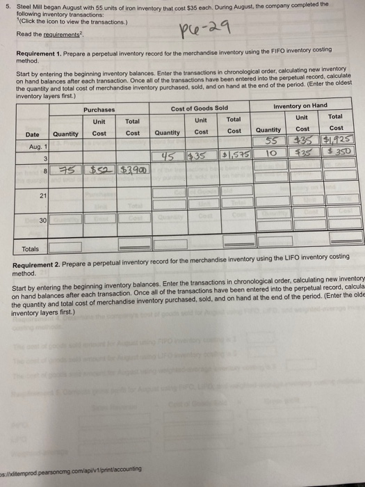 5 Steel Mill began August with 55 units of iron inventory that cost $35 each. During August, the company completed the follow