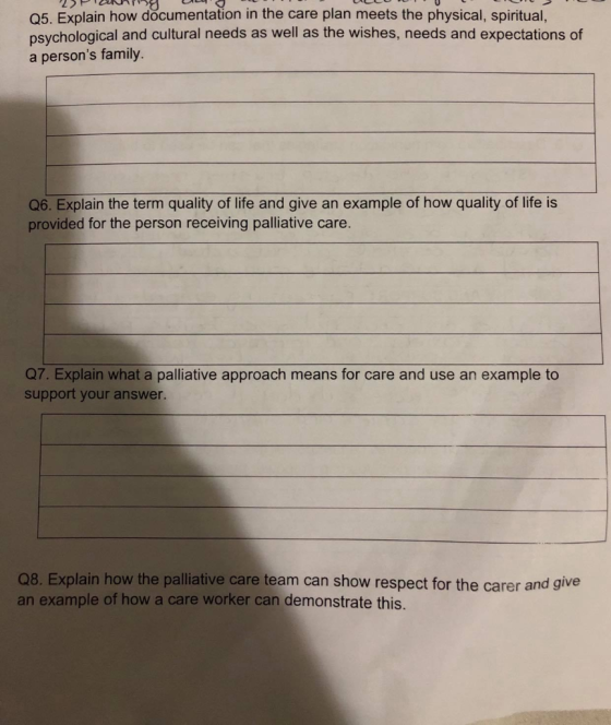 Q5. Explain how documentation in the care plan meets the physical, spiritual, psychological and cultural needs as well as the