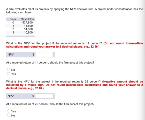 A firm evaluates all of its projects by applying the NPV decision rule. A project under consideration has the following cash