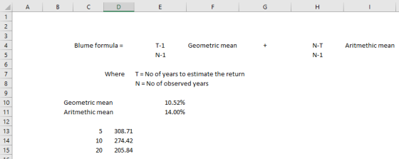 4 Blume formula- Geometric mean Aritmethic mean Where T No of years to estimate the return N No of observed years 10.52% 14.00% Geometric mean Aritmethic mean 12 13 5 308.71 10 274.42 20 205.84