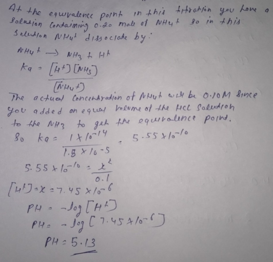 a At the equivale solution Containing equivalence point in this fitration you have on Containing 0.20 mall of NH 4t so in thi