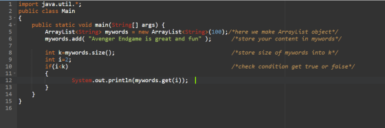 ovou ĐWN import java.util.*; 2 public class Main 3- { public static void main(String[] args) { ArrayList<String> mywords = ne