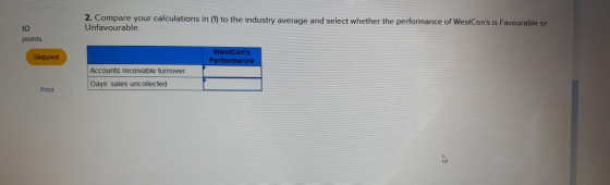 2. Compare your calculations in (1) to the industry average and select whether the performance of WestCons is Favourable or