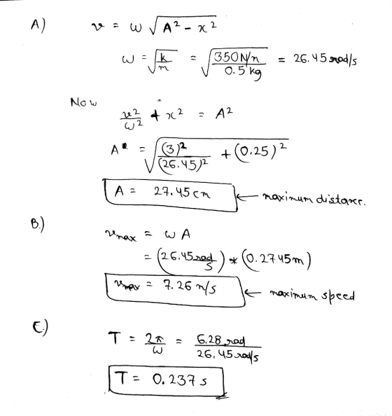 A) v = w VA2-X2 with - 3SONA = 26.45 srd/ = 26.4 0.5 kg Now ze3 + x2 = 42 A very 2 + (0.25) [A= 27.45 cm k A2 imum distance.
