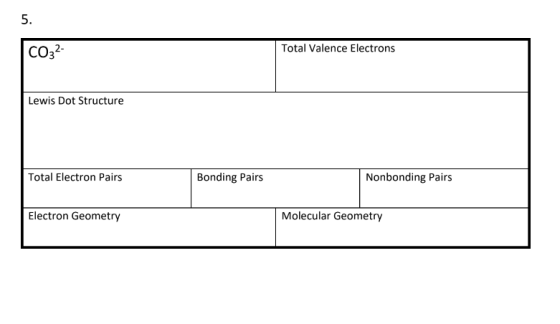 CO32- Total Valence Electrons Lewis Dot Structure Total Electron Pairs Bonding Pairs Nonbonding Pairs Electron Geometry Molec