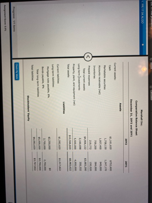 LILI HIPUIN Book Calculator 1. PR.17.04.ALGO Marshall Ine. Comparative Balance Sheet December 31, 2012 and 2011 2012 2011 Ass