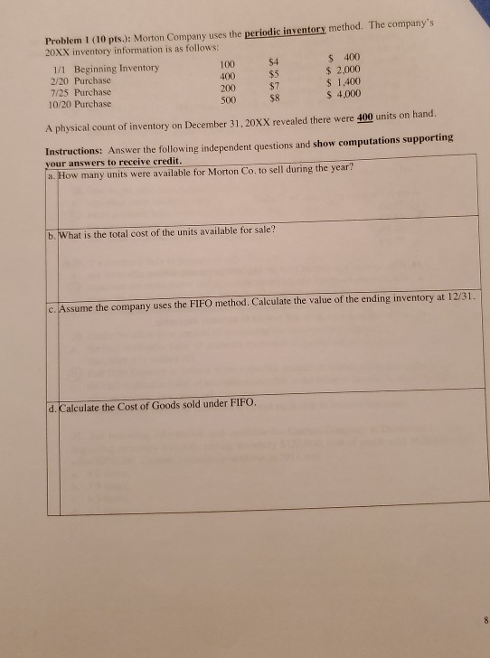 Problem 1 (10 pts.): Morton Company uses the periodic inventory method. The companys 20XX inventory information is as follow