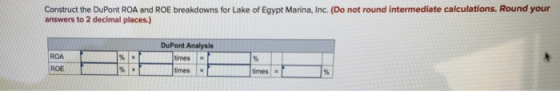Construct the DuPont ROA and ROE breakdowns for Lake of Egypt Marina, Inc. (Do not round intermediate calculations. Round your answers to 2 decimal places.) DuPont Analysis times a times ! ROA ROE times I =