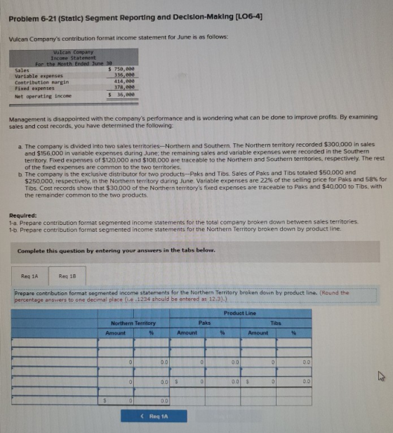 Problem 6-21 (Static) Segment Reporting and Decision-Making (LO6-4] Vulcan Companys contribution format income statement for