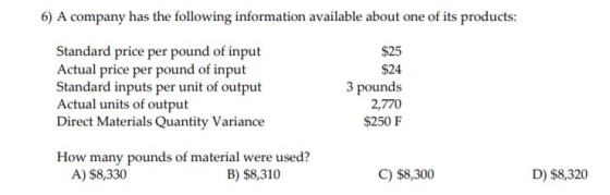 6) A company has the following information available about one of its products: Standard price per pound of input Actual pric