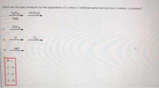 Which are the best conditions for the preparation of 1-chloro-2-methylpropane starting from 2-methyl-1-propanol? HPO, HCH-0 h