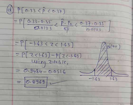 @ P(0.33 < P < 0.37) =P [ 0:33-0035 < P-Po < 037-0:35 | = P1 =1:63 <<< 1:63] 0.0123 Go T 0.0123 J = Plz<1.63) - P[2<-1-63) wi