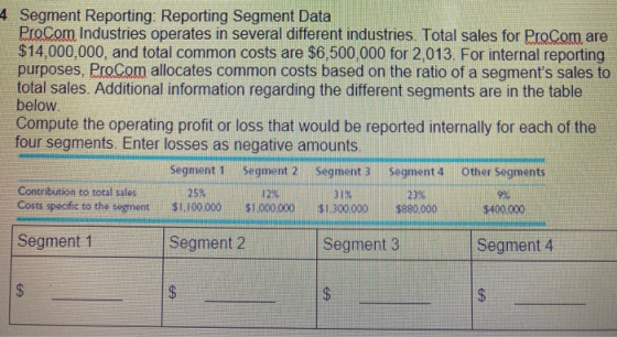 4 Segment Reporting: Reporting Segment Data ProCom Industries operates in several different industries. Total sales for ProCo